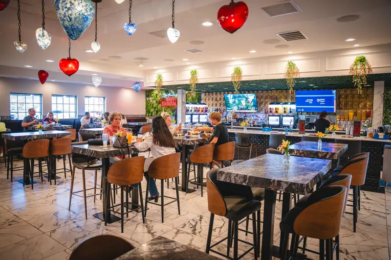 The Viva Wichita dining room and bar under hanging glass hearts